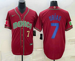 Men%27s Mexico Baseball #7 Julio Urias Number 2023 Red Blue World Baseball Classic Stitched Jerseys